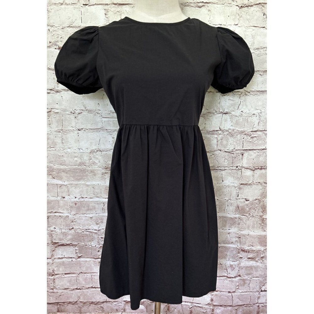 Kendall & Kylie Black Puff Sleeve Poplin BabyDoll Dress Lace Up Back - Size S